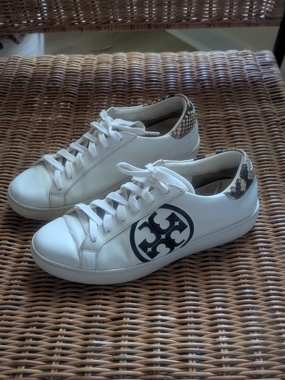 Tory Burch White Leather Sneakers with Black Logo and Snake-Print Heel 8.5